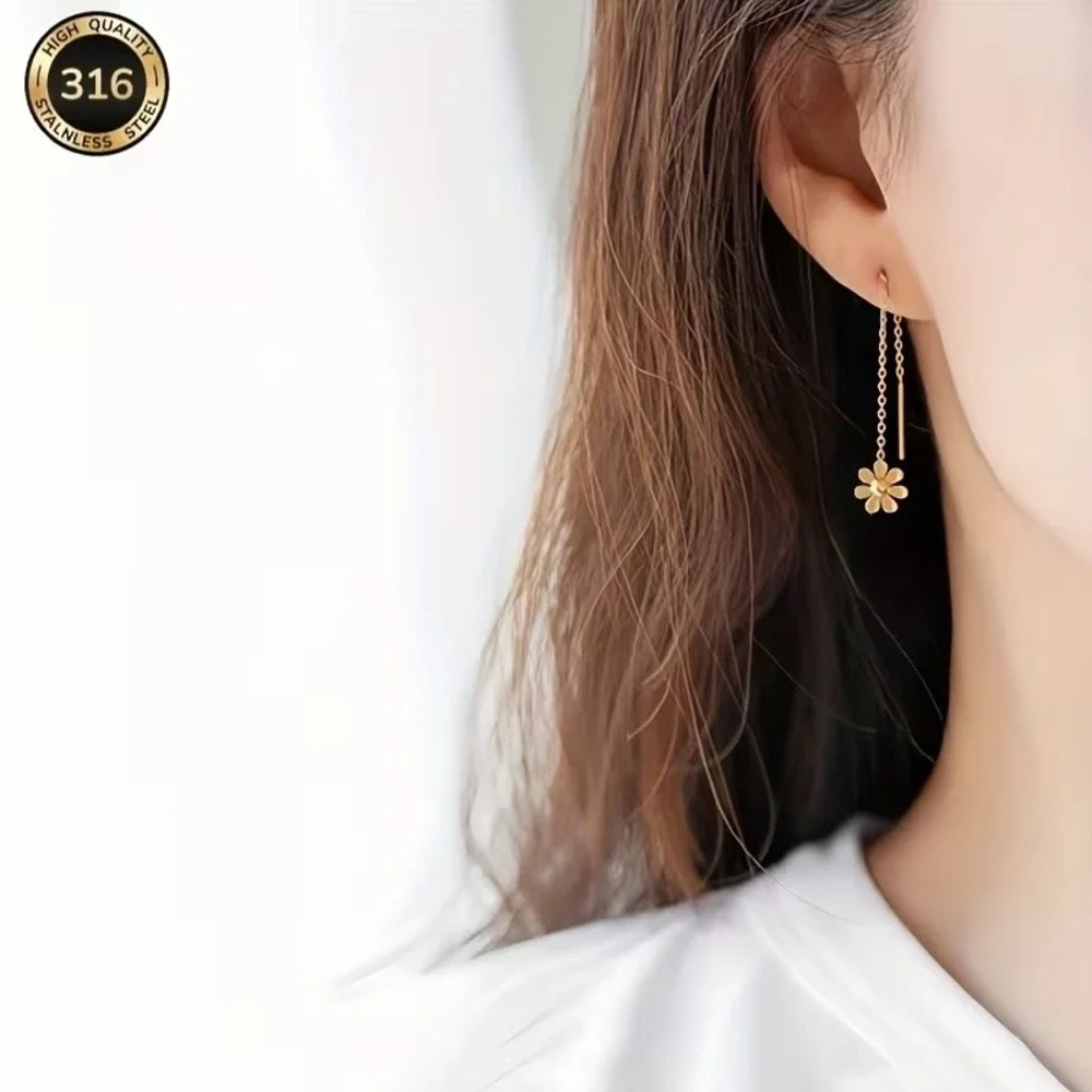 Gold Flower Threader Earrings 18K Gold Plated 316 Stainless Steel Daisy Floral